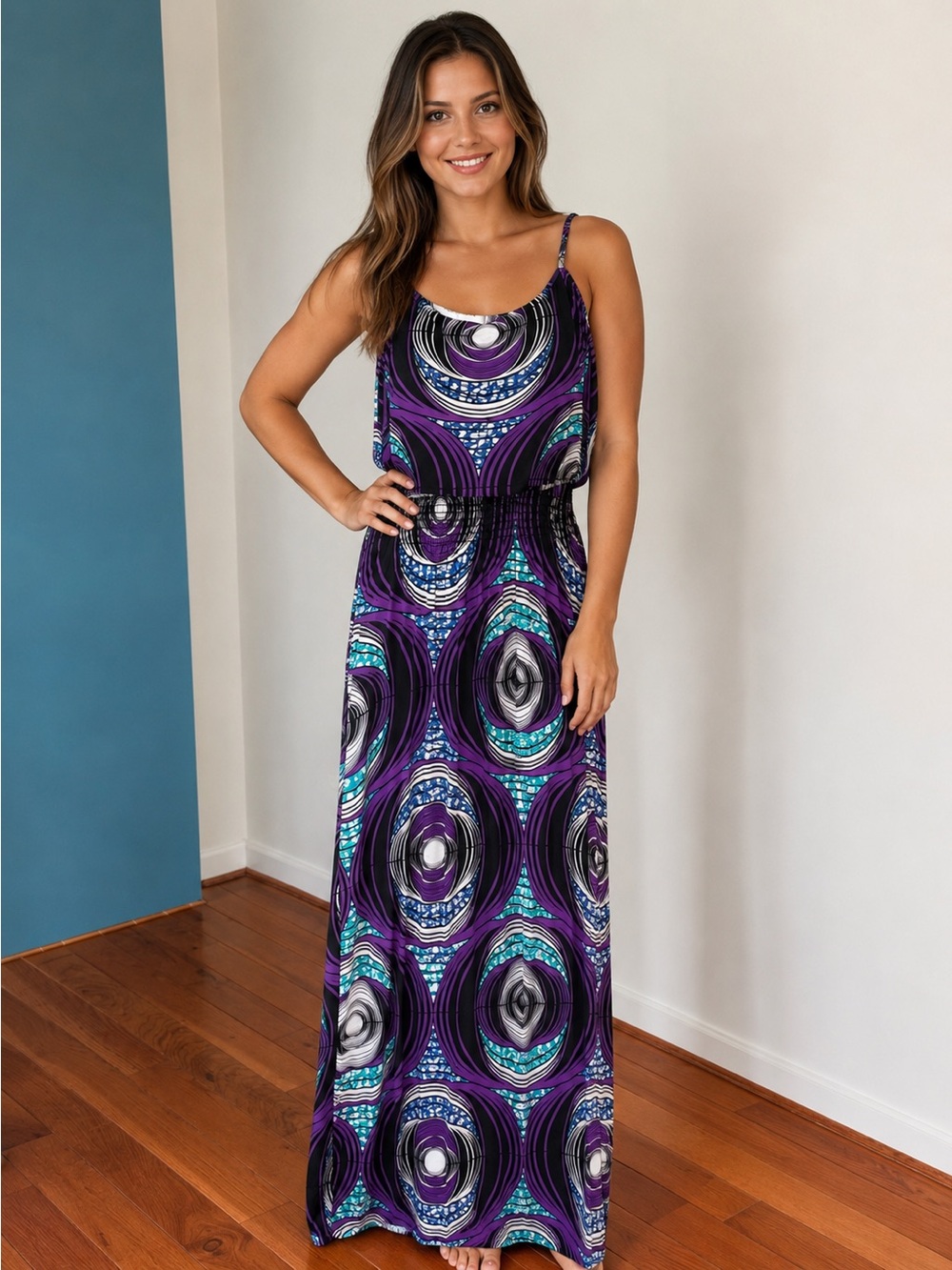 Sleeveless Purple & Teal Printed Maxi Dress